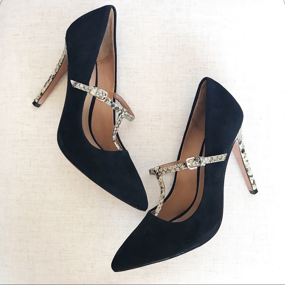 Coach Fulton Black Suede and Snakeskin T Strap Stiletto Pumps Size 8 Medium